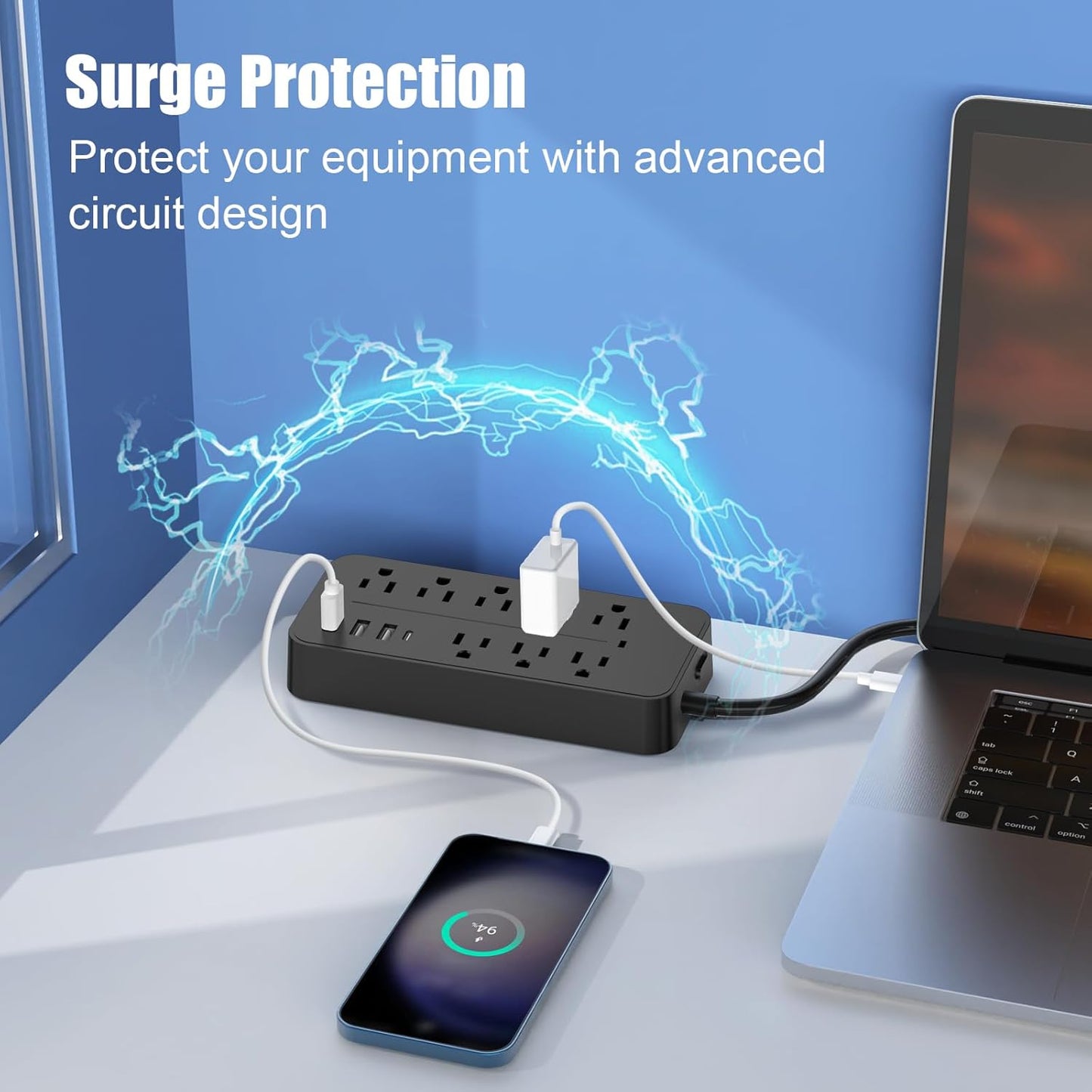 Regleta sobretensiones 8 tomas 3 USB A 1 USB C 15A/1875W negro