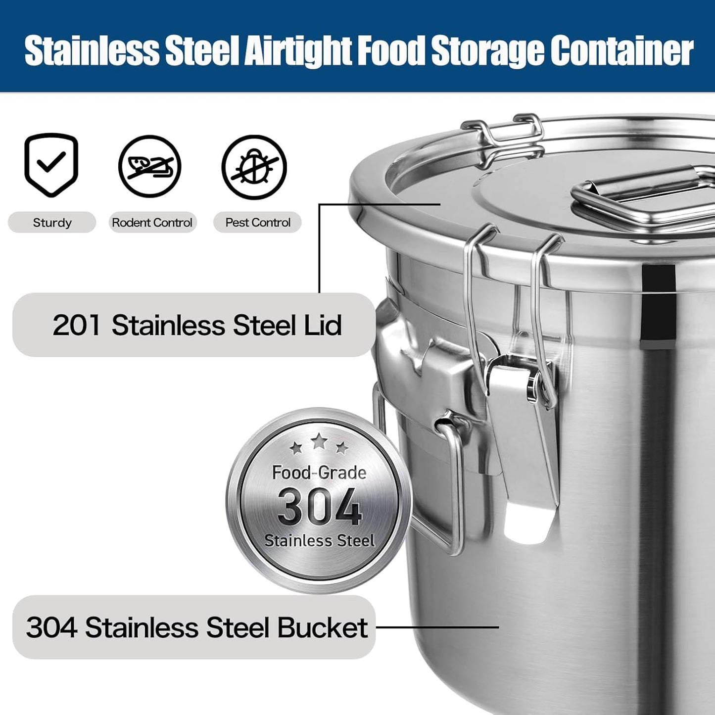 Recipiente hermético acero inox 33L con tapa y clips