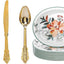 Set 350 piezas cubiertos plástico dorado y platos ovalados florales