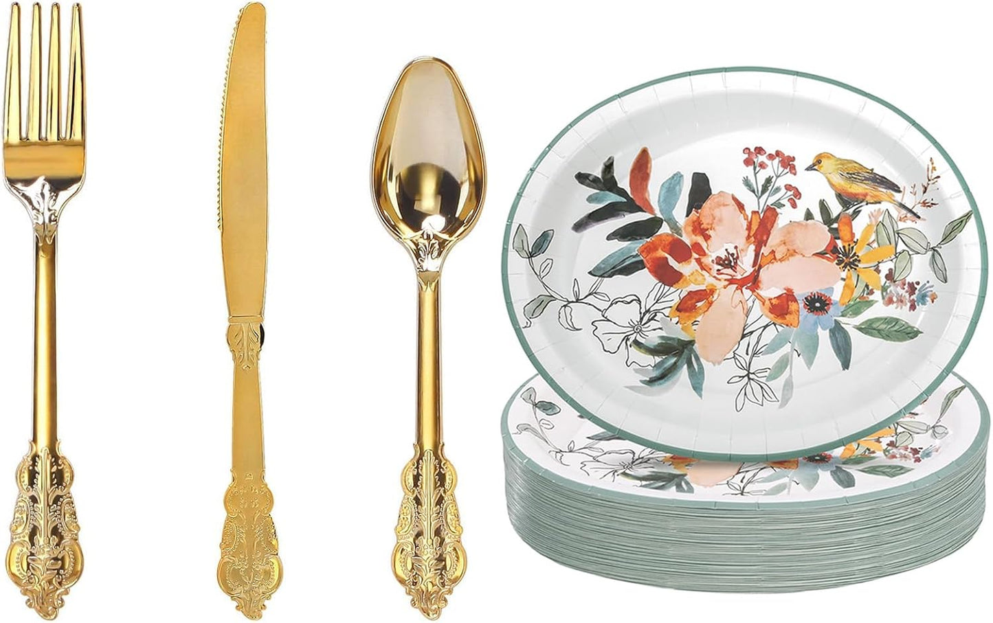 Set 350 piezas cubiertos plástico dorado y platos ovalados florales