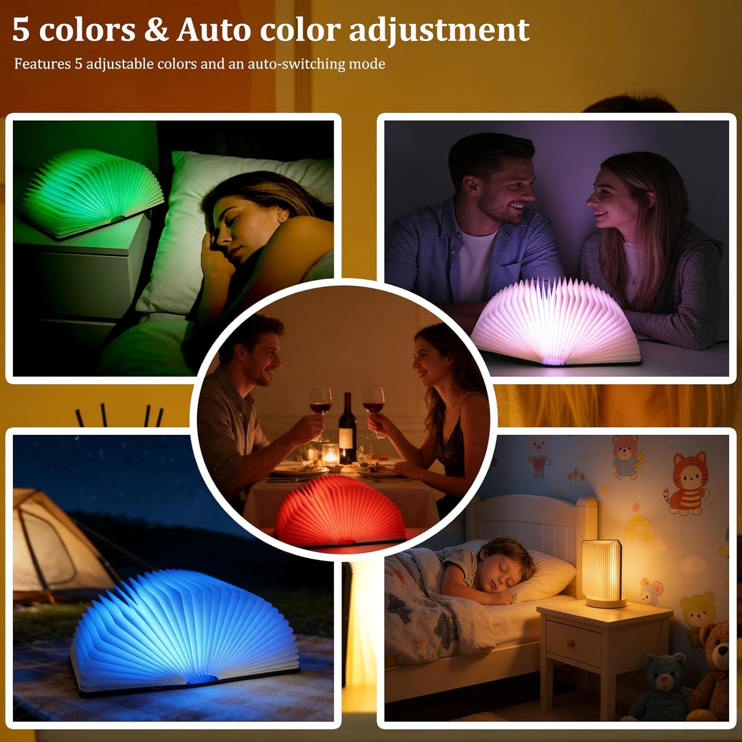 Lámpara libro madera plegable 5.5pulg 5 colores recargable USB