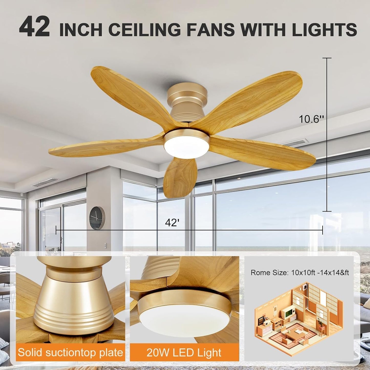 Ventilador techo madera 5 aspas 42pulg con luz control remoto