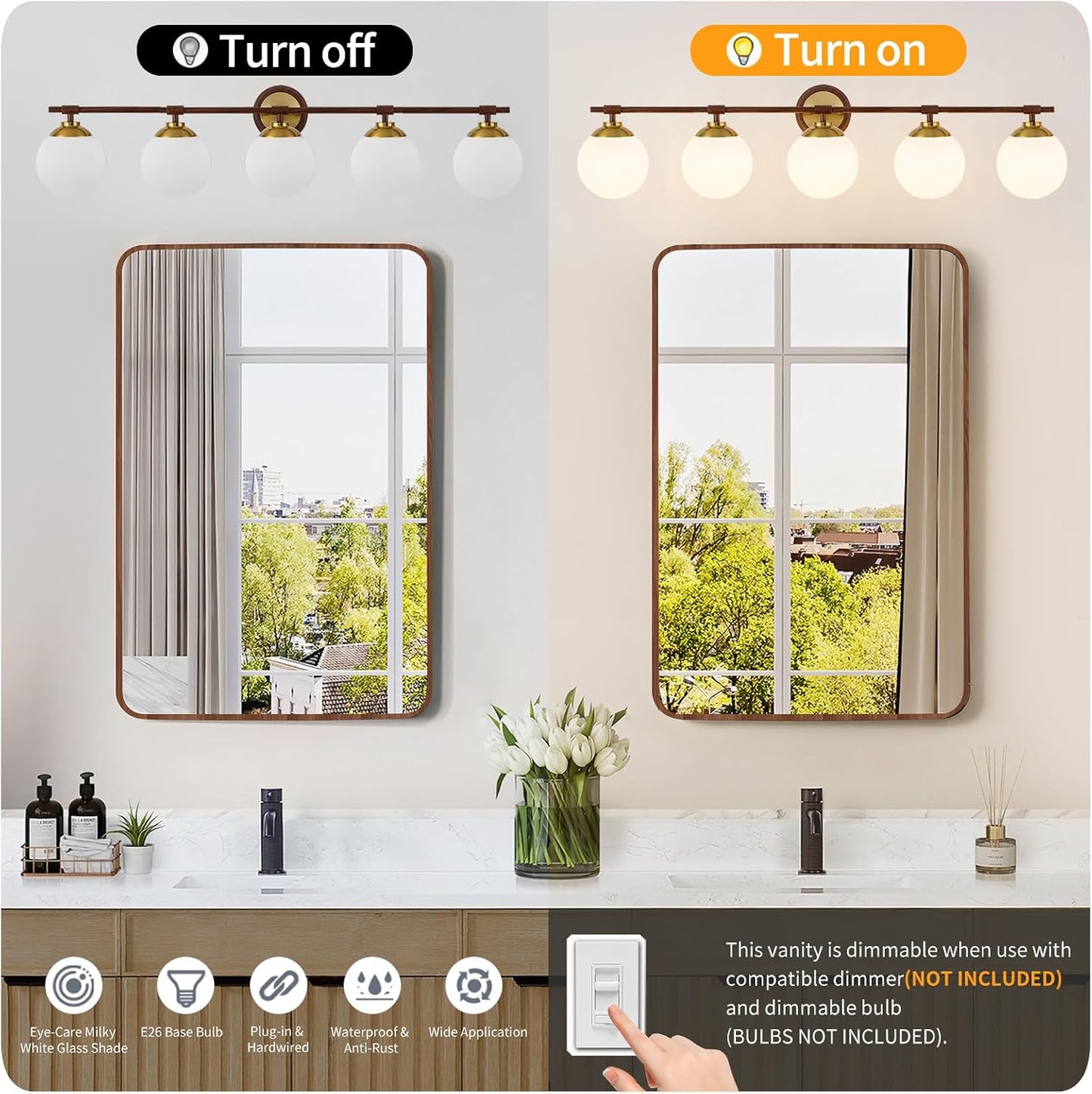 Lámpara baño nogal 5 luces ETL sobre espejo 41pulg