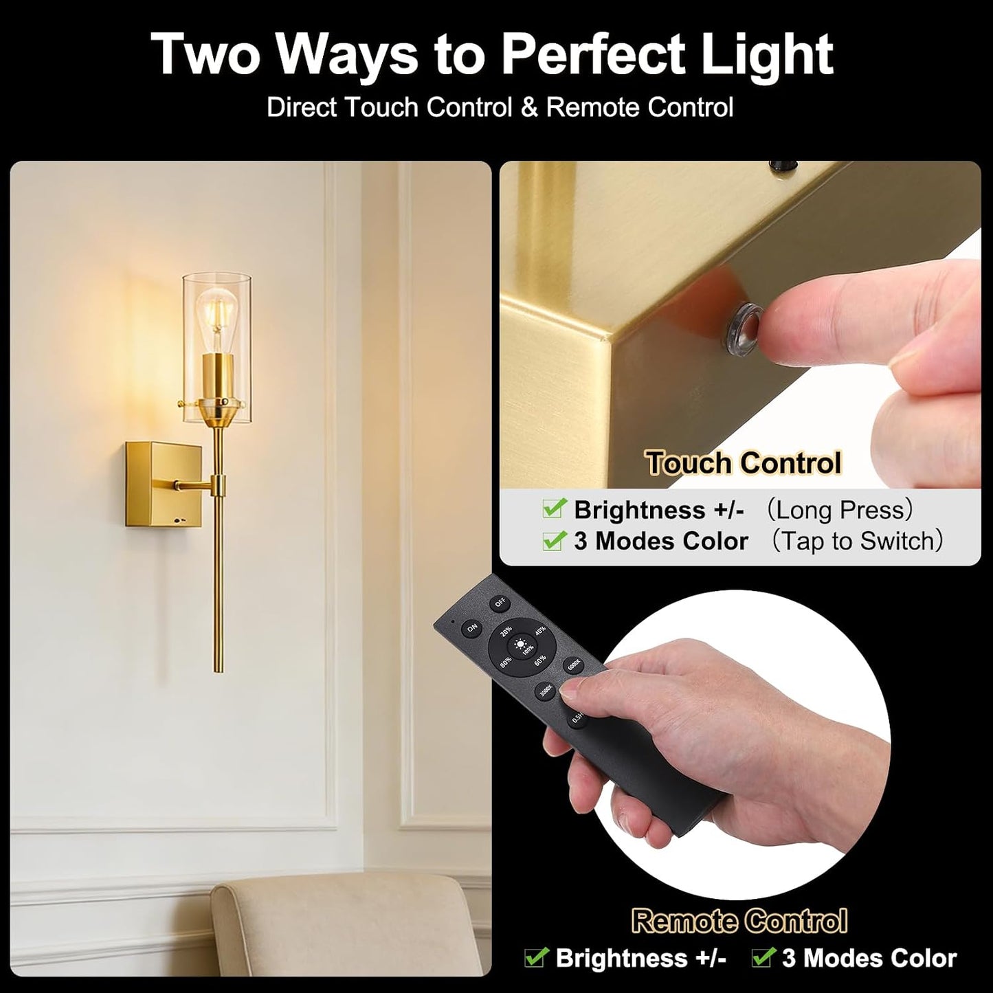 Aplique pared inalámbrico vidrio recargable con control remoto