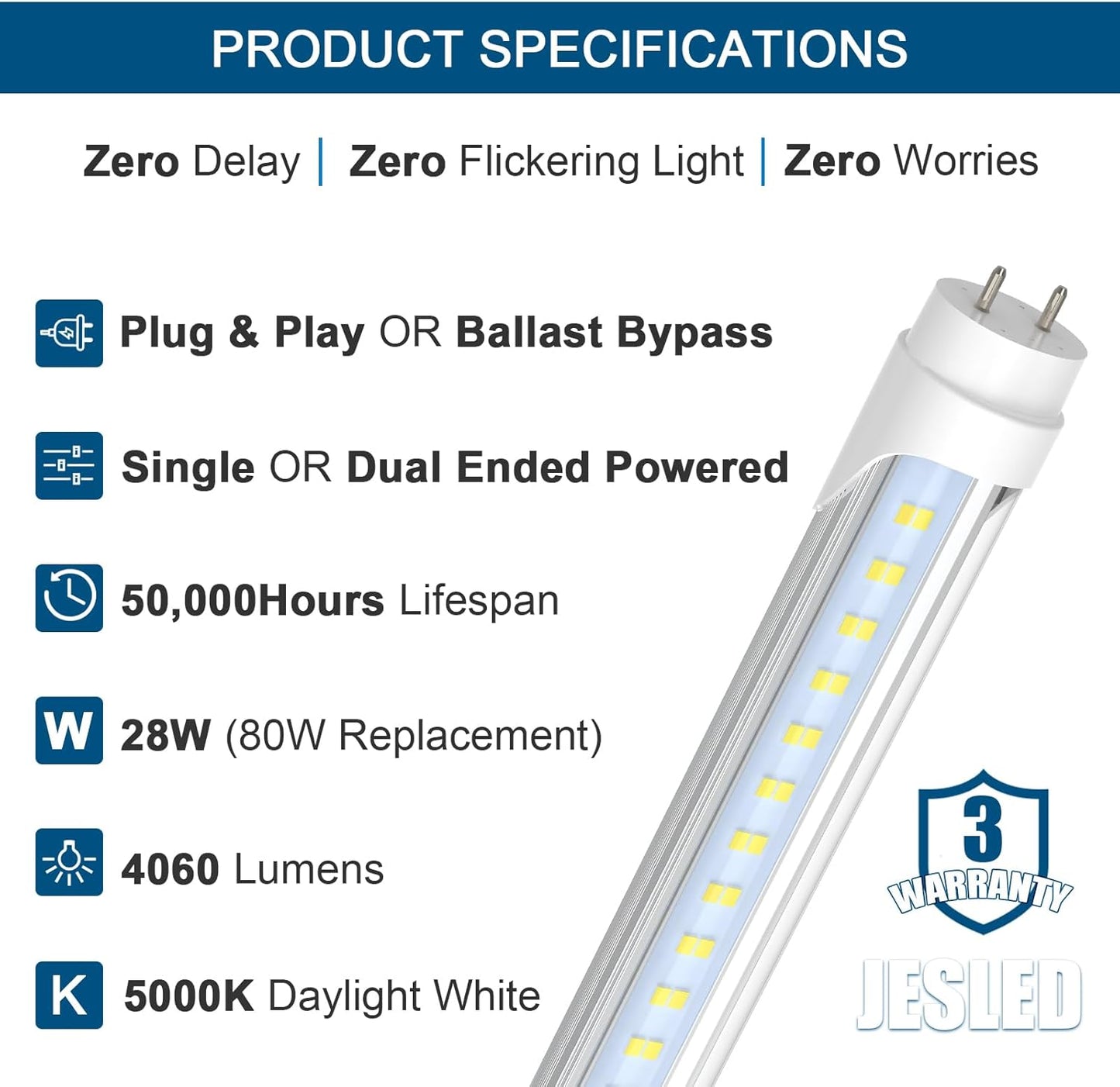 Luz T8 LED 4ft 28W 5000K alimentación simple o doble