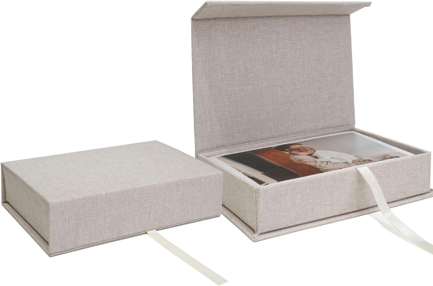 Estuche lino 4x6 y caja organizadora postales beige