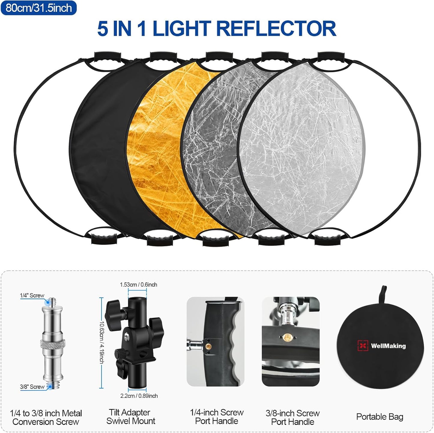 Reflector 32pulg plegable con bolsa y adaptador mango 5en1 estudio