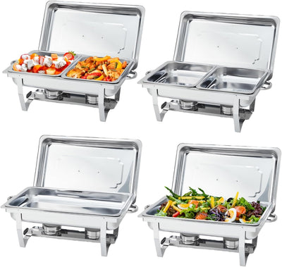 Set 4 Chafer Acero Inox con Tapas y 6 Charolas Rectangulares