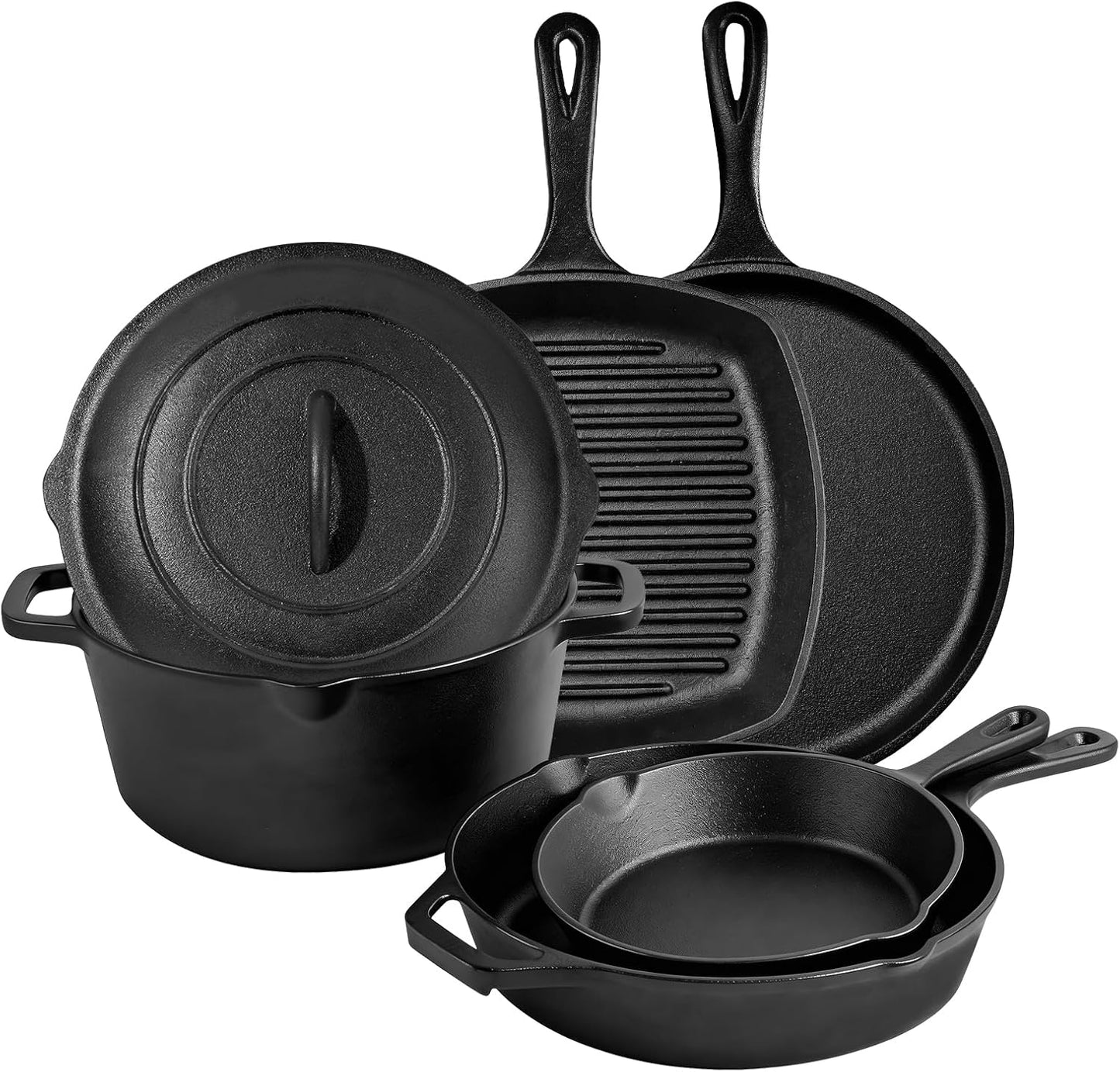 Juego de utensilios de cocina de hierro fundido pre-sazonado de 6 piezas con horno holandés de 5 cuartos