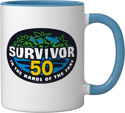Taza de cerámica Survivor Season 50 color azul blanco