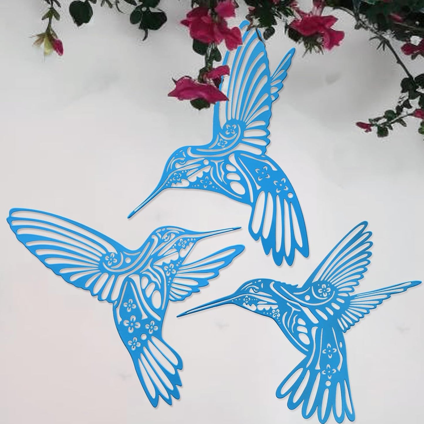 Decoración pared colibrí y pájaros azules metal para exteriores