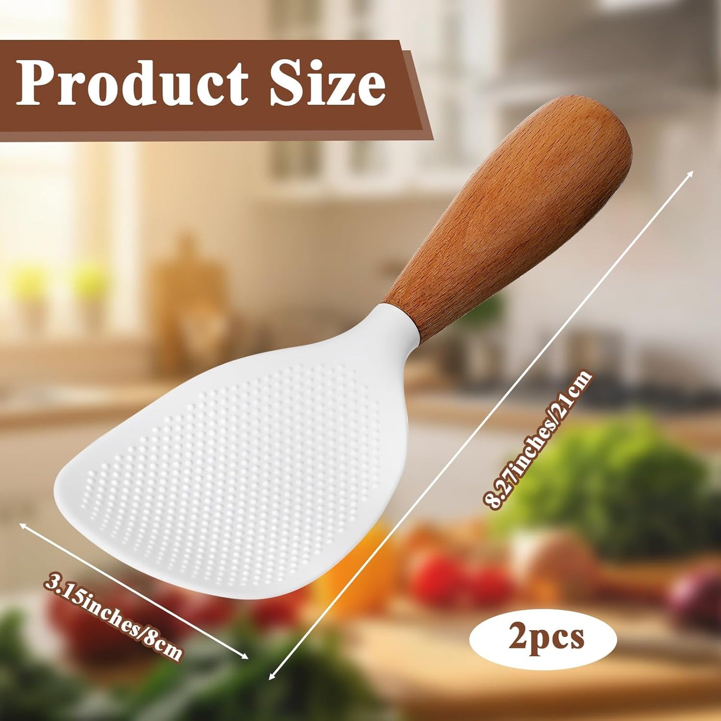 2 Cuchara Arroz Silicón 8.3pulg Antiadherente Mango Madera