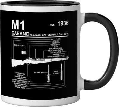 Taza de cerámica M1 Garand Rifle Gun WWII negra y blanca