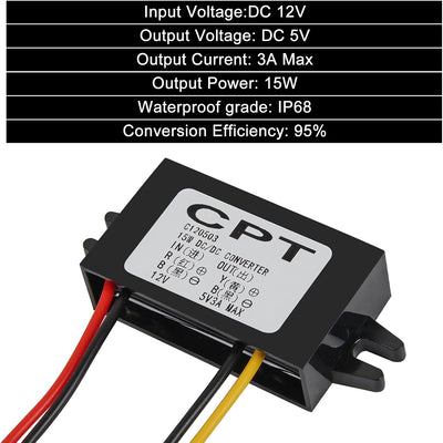 Convertidor DC impermeable 12/24V a 5V 3A 15W para coche