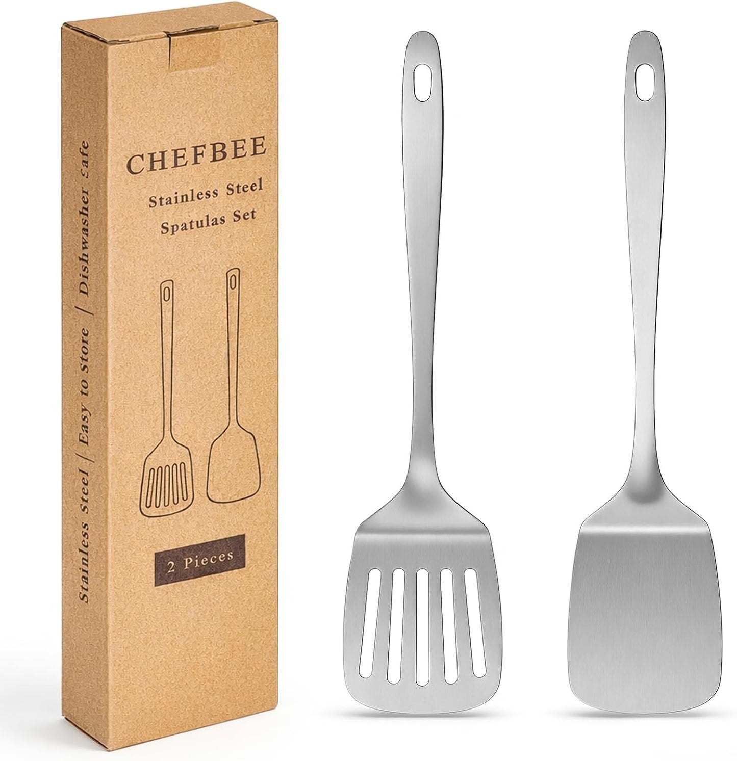 Juego de 2 espátulas de metal ChefBee acero inoxidable ranurada para cocina