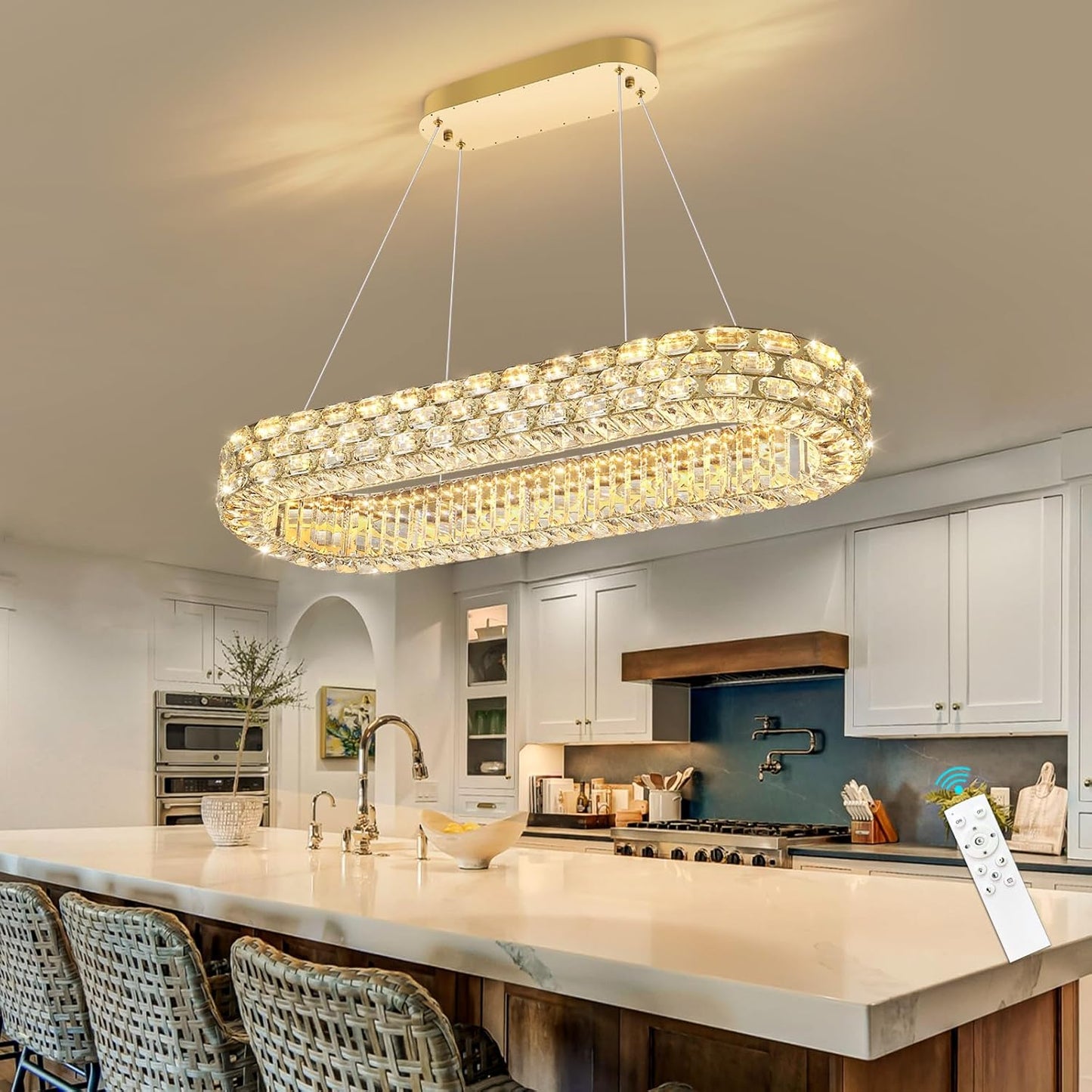 Lámpara de cristal ovalada para comedor y cocina con LED dorado