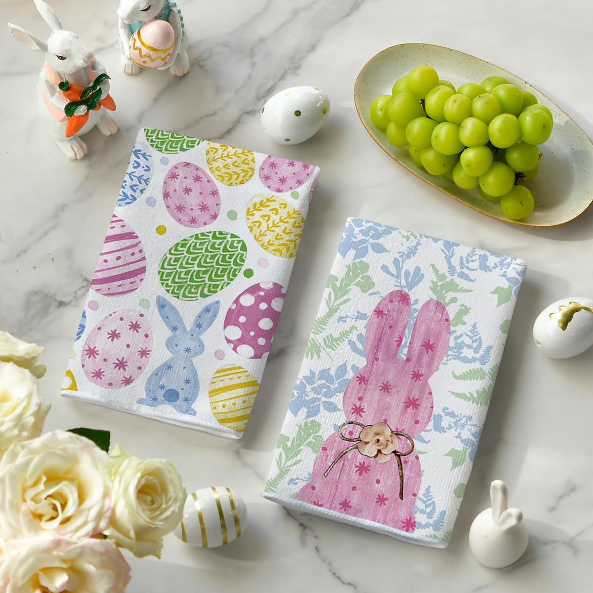 Juego de 2 toallas de cocina con diseño de huevos de conejo y flores de Pascua