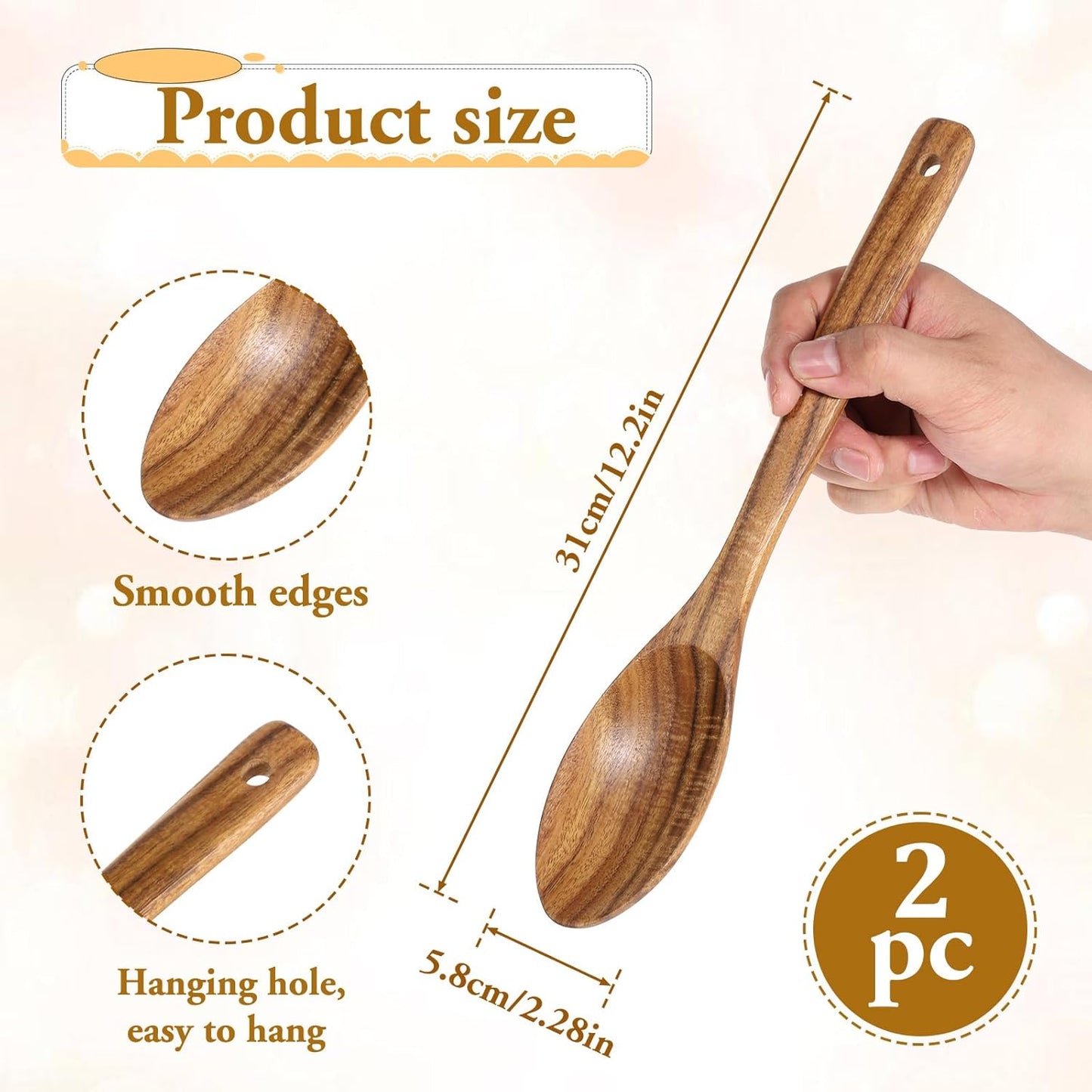 Cucharas de madera de acacia natural para cocinar, hornear y servir