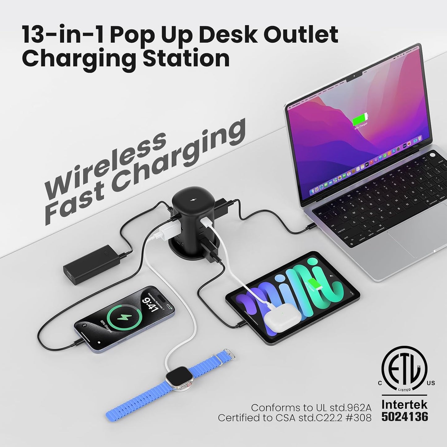 Toma corriente desplegable con cargador inalámbrico 15W 4 USB