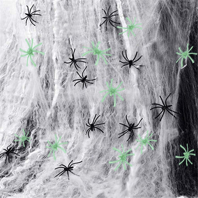 Telaraña Halloween 300ft2 con 10 arañas negras y correas blancas