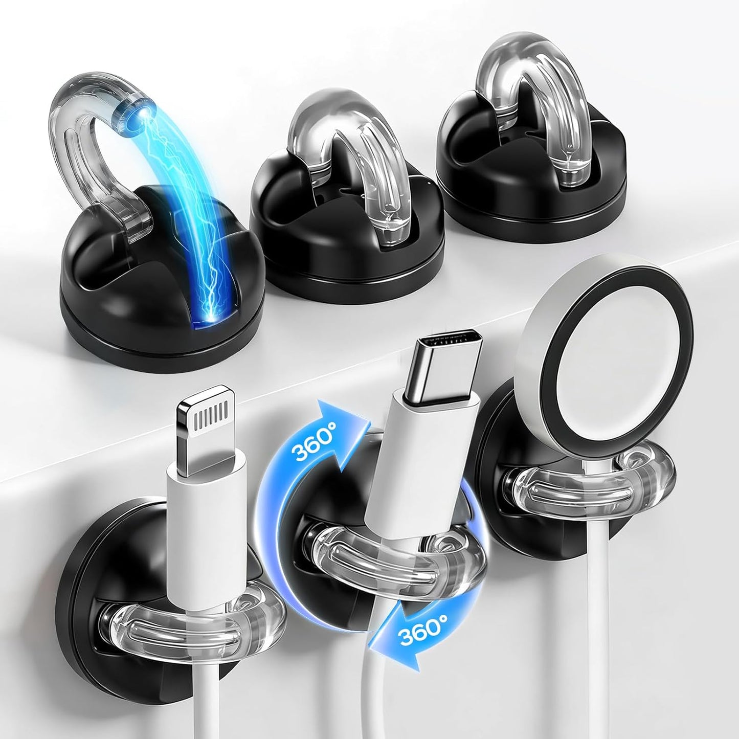 Set 6 clips magnéticos giratorios soporte cable adhesivo