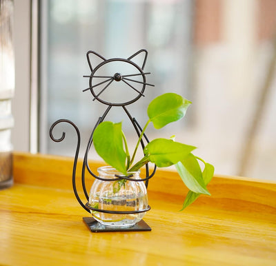 Florero Vidrio Soporte Terrario Forma Gato Metal Decoración Hogar