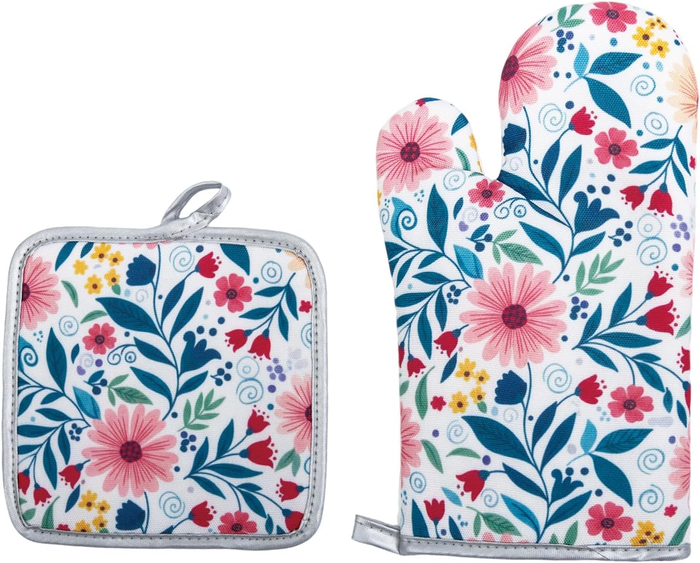 Juego de 2 manoplas florales para horno y soportes para ollas, guantes de cocina resistentes al calor con almohadillas calientes