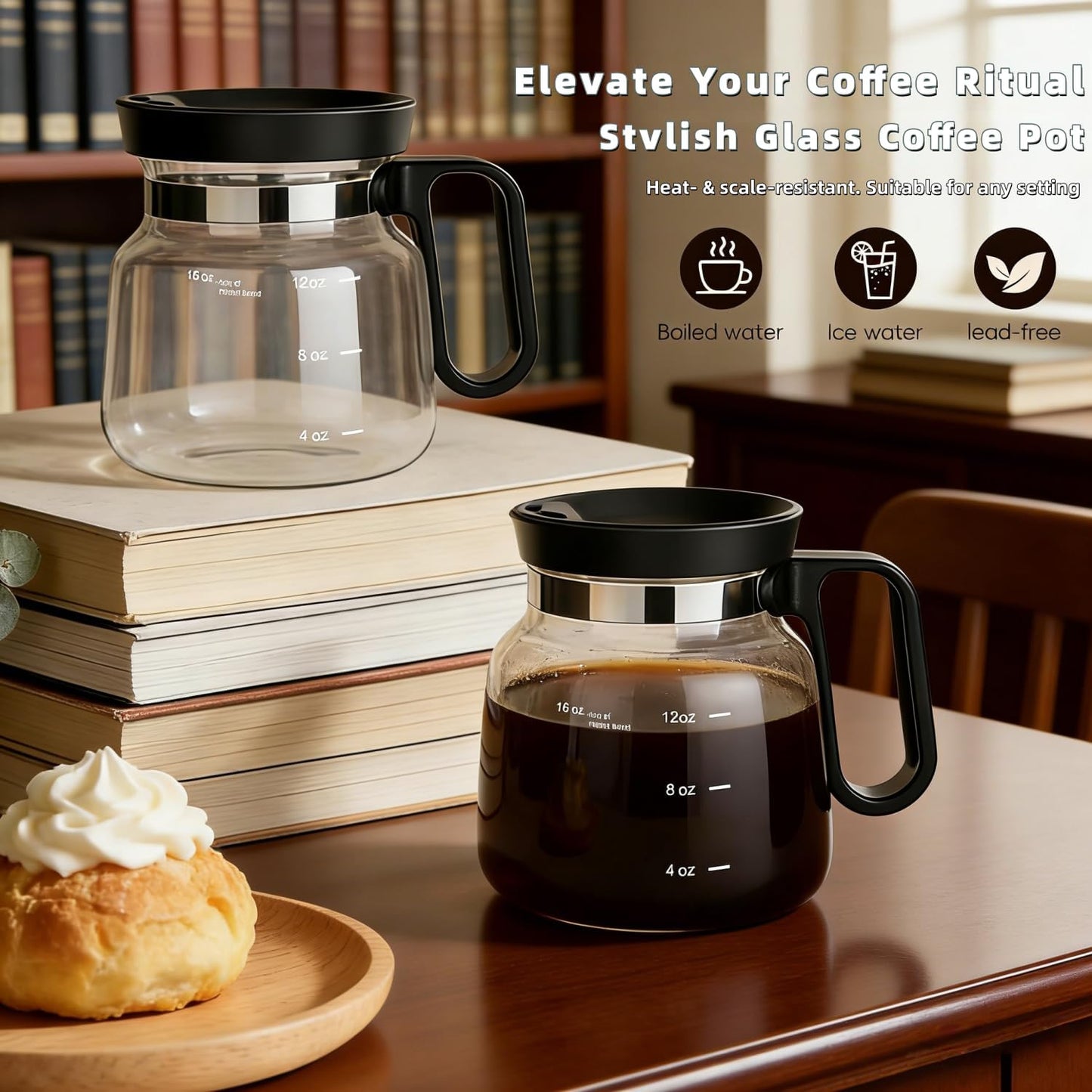 Taza de vidrio borosilicato transparente 16 oz con tapa y asa