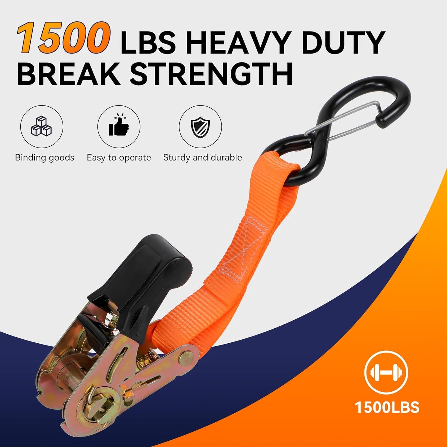 4 Pzas Correas Trinquete 1500lb Naranjas con Ganchos S y Clips