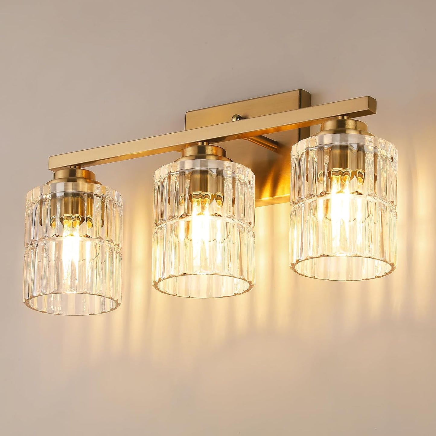 Lámpara baño 19pulg 3 luces oro cepillado pantalla vidrio ancho