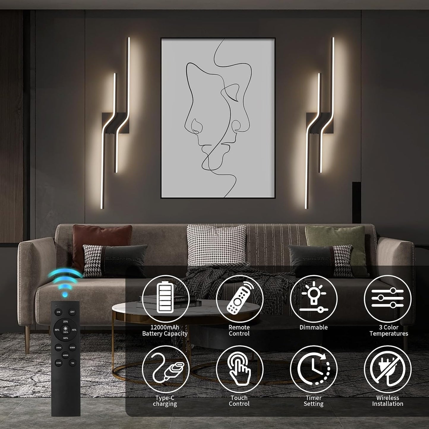 Apliques pared inalámbricos LED negras 39.3pulg control remoto