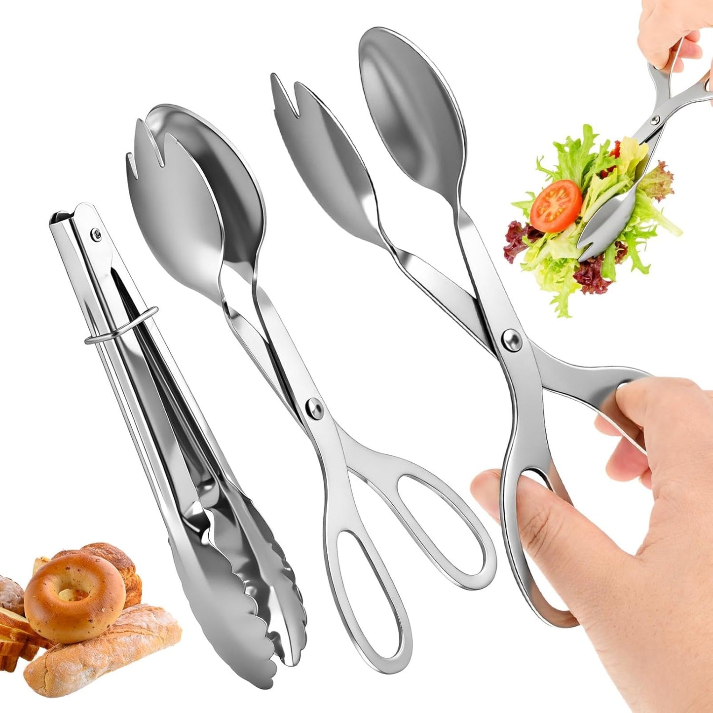 Pinzas acero inox para bufé fiesta catering 3 pzas agarre cómodo