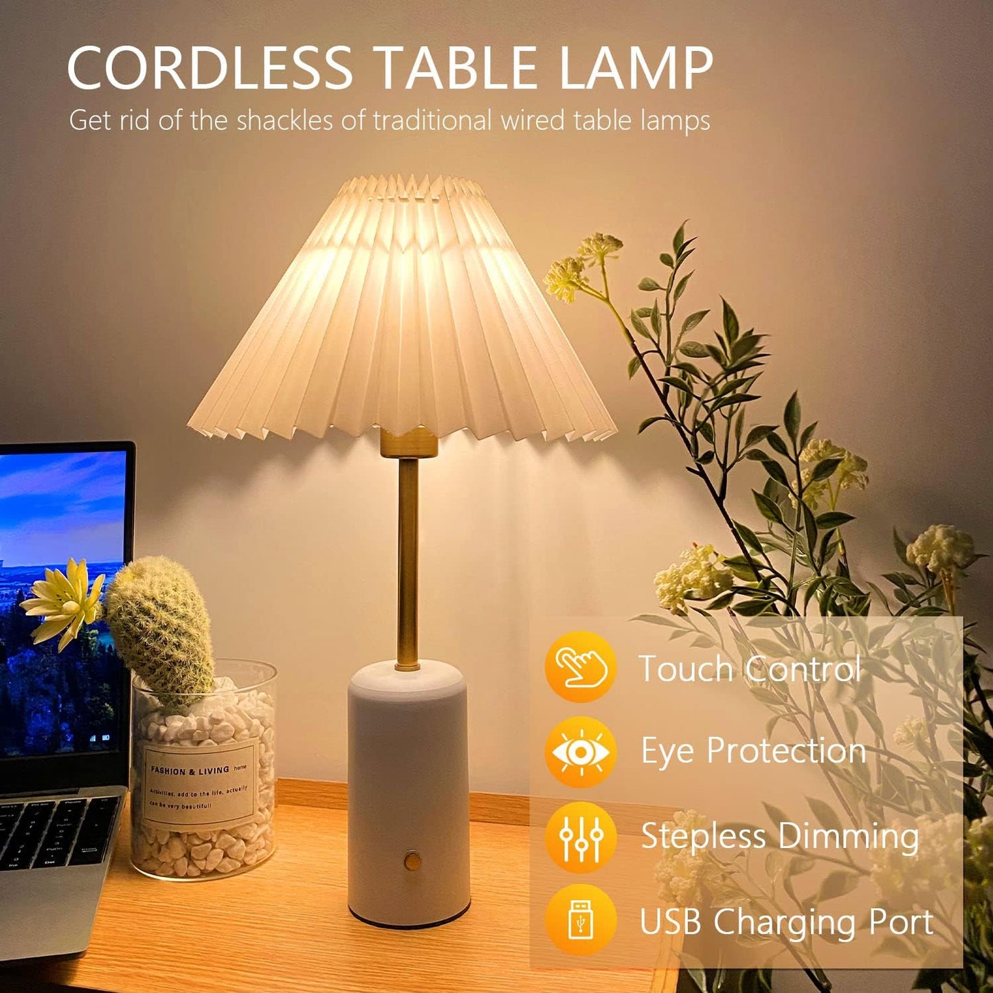 Lámpara mesa inalámbrica control táctil batería 5000mAh plisada