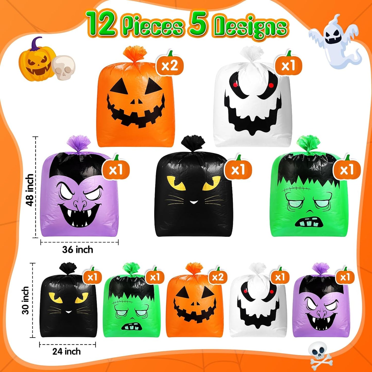 12 bolsas plástico calabaza Halloween con lazos patio jardín