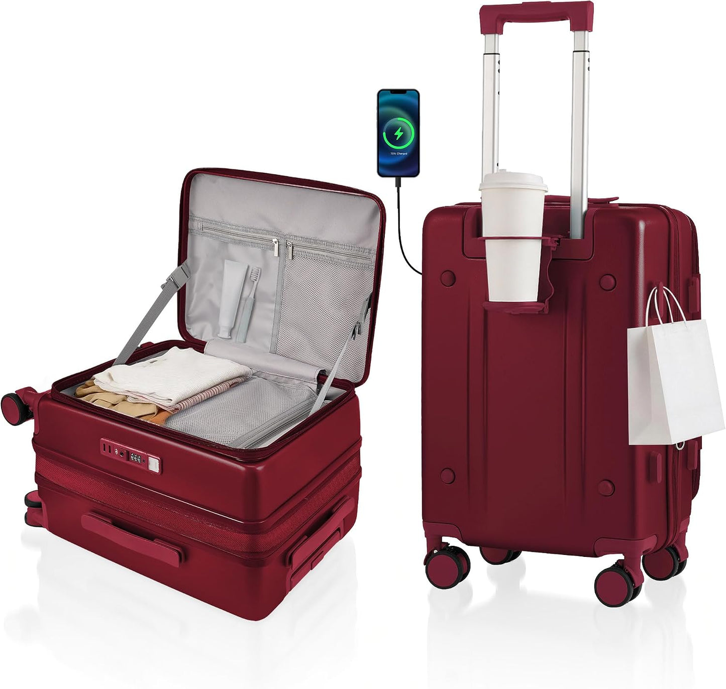 Maleta rígida 20pulg TSA aprobada USB ruedas 360° rojo vino