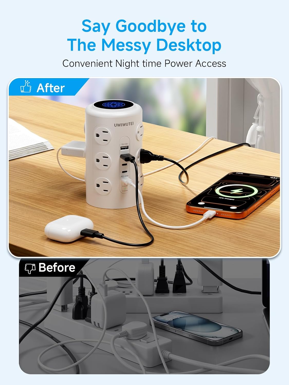 Regleta alimentación torre 12 tomas 5 USB 20W PD 1800J