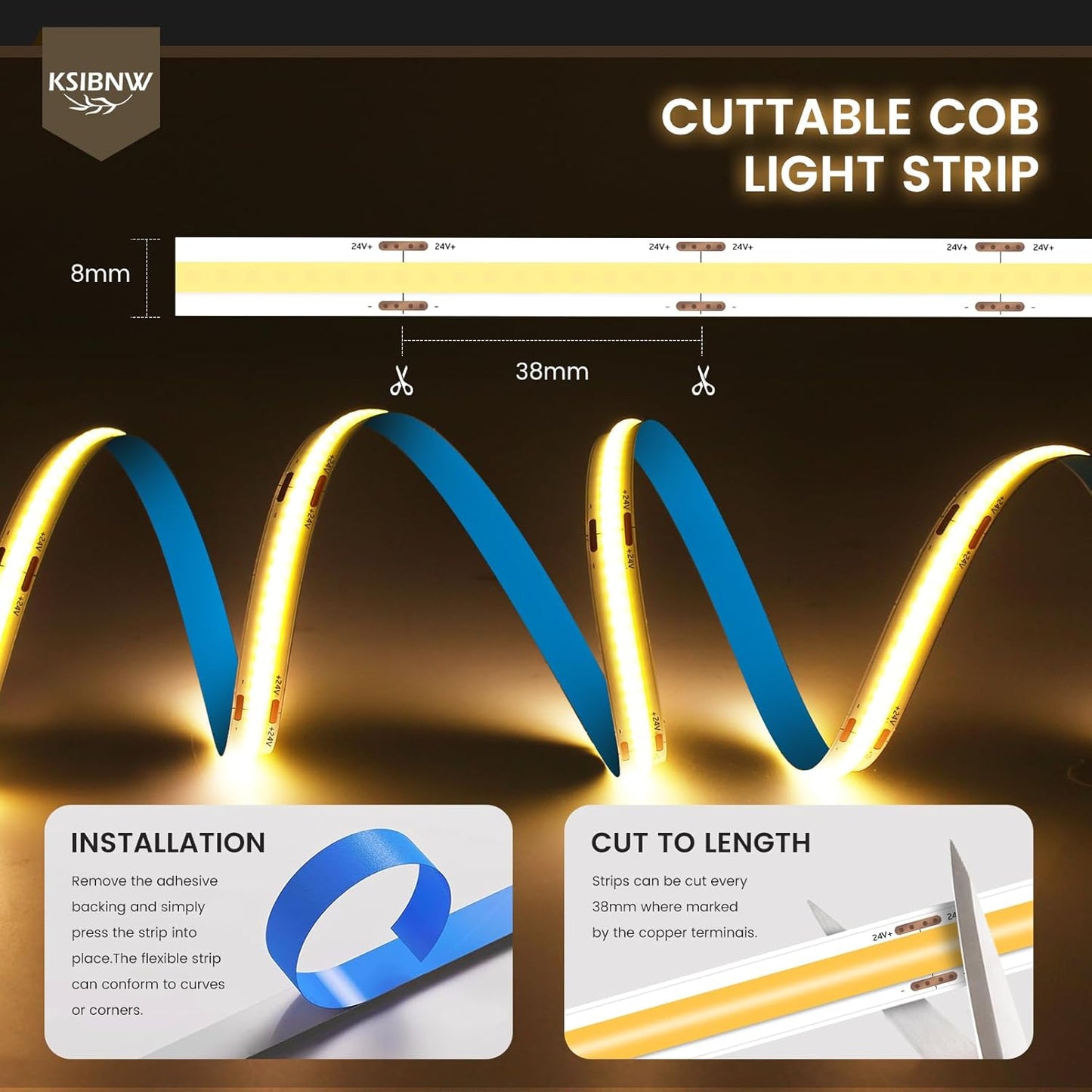 Tira LED 16.4pies 24V luz blanca cálida 3000K flexible