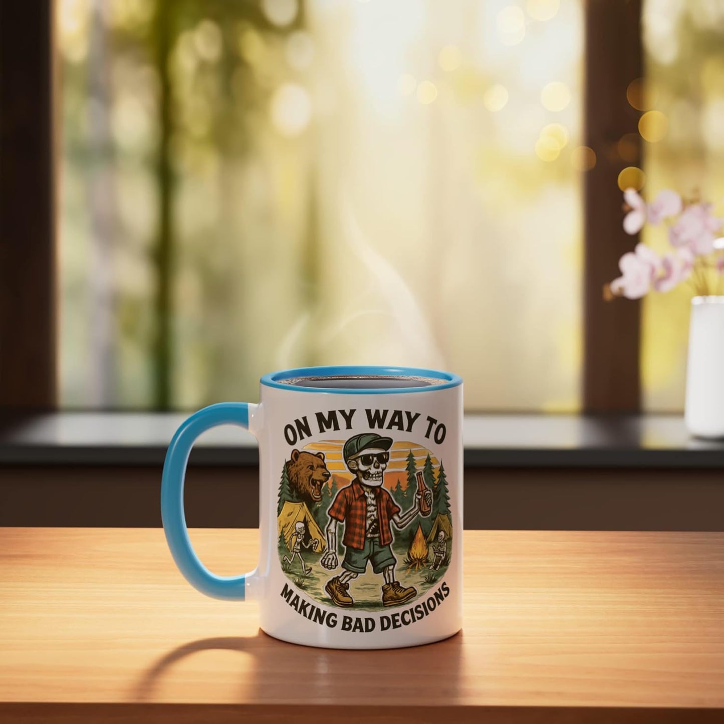 Taza Cerámica Camping Humorística Azul/Blanco