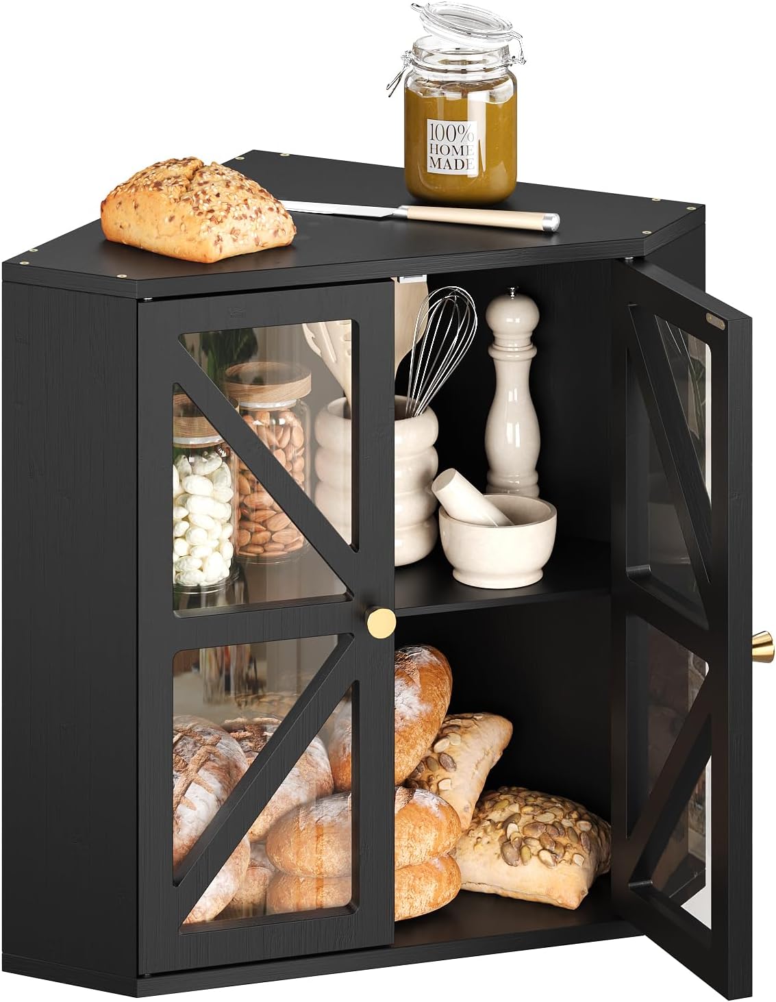 Panera de esquina bambú con puertas acrílicas transparentes negro