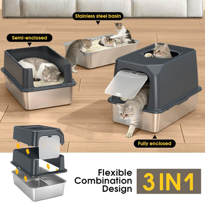 Caja arena acero inox gatos tapa gris resistente olor