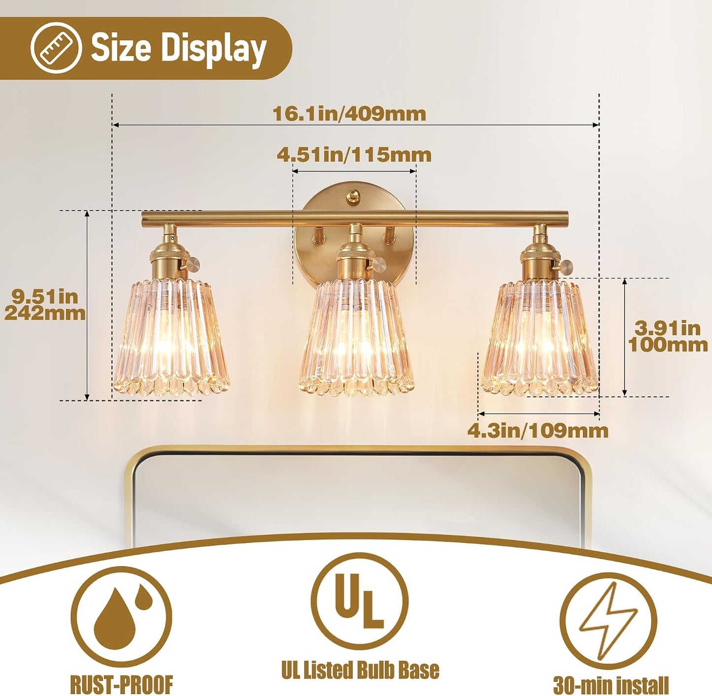 Lámpara tocador 3 luces vintage dorado latón cepillado vidrio