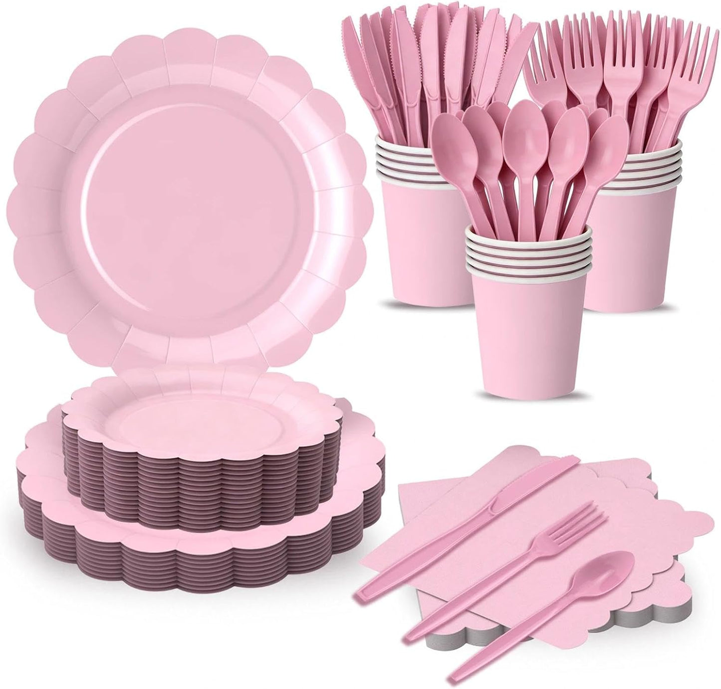 Juego de 168 platos y servilletas rosa incluye platos festoneados 9" y postre 7", servilletas tazas cubiertos para cumpleaños boda picnic