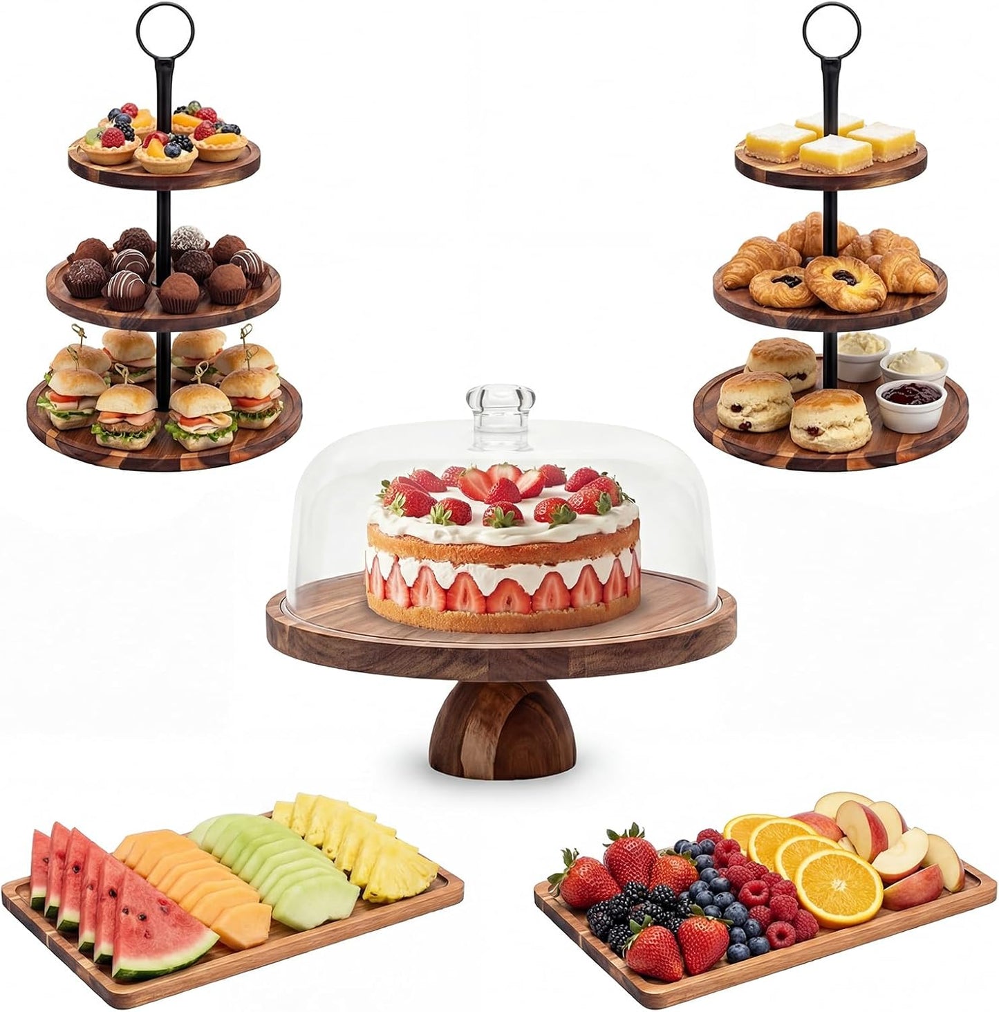 Set 5 Pzas Mesa Postre Madera Acacia Tapa Cúpula 3 Niveles