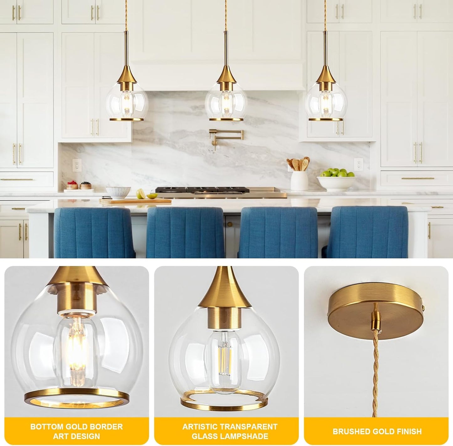 Lámpara colgante isla cocina luz dorada pantallas vidrio redondas