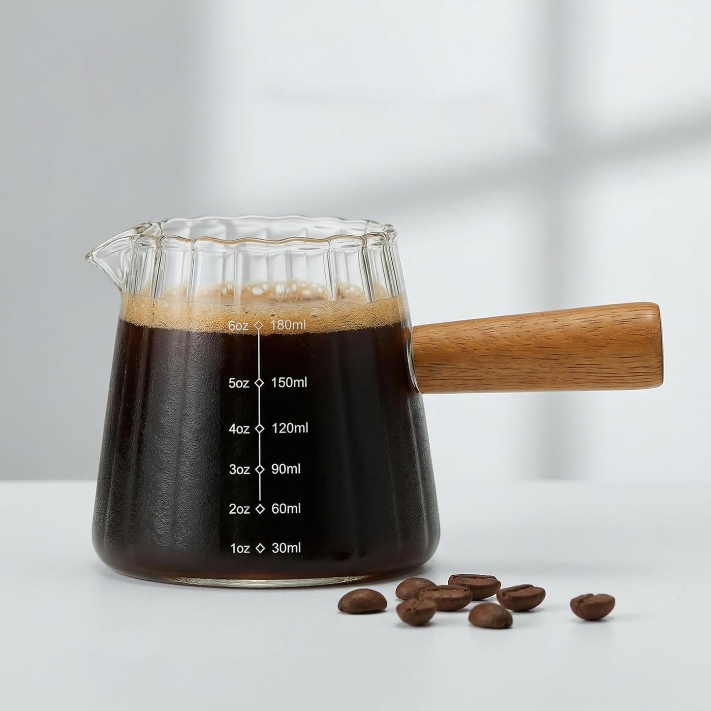 Tazas Espresso 6oz Mango Madera Jarra Espuma Leche Vidrio