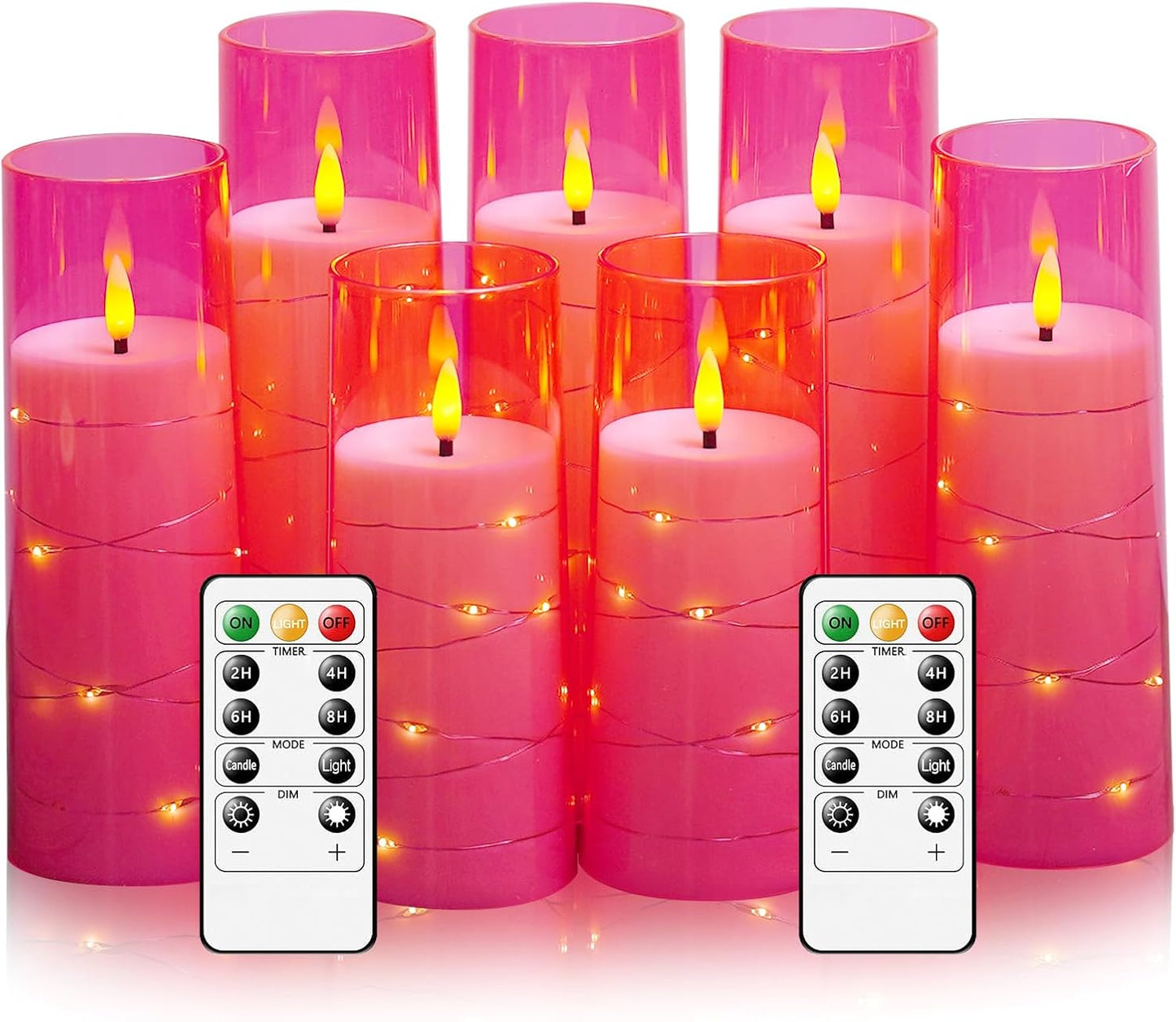 Velas LED parpadeantes con cuerda estrella 7 pzas rosa