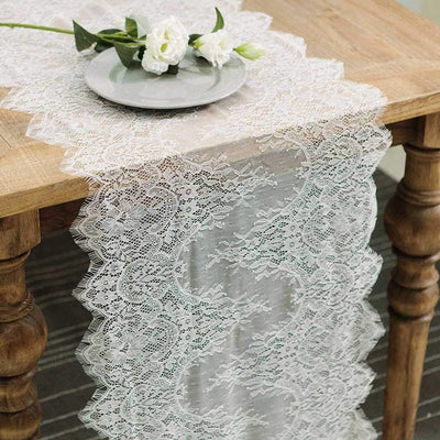Camino de mesa de encaje blanco y marfil bohemio 14 x 120 pulgadas