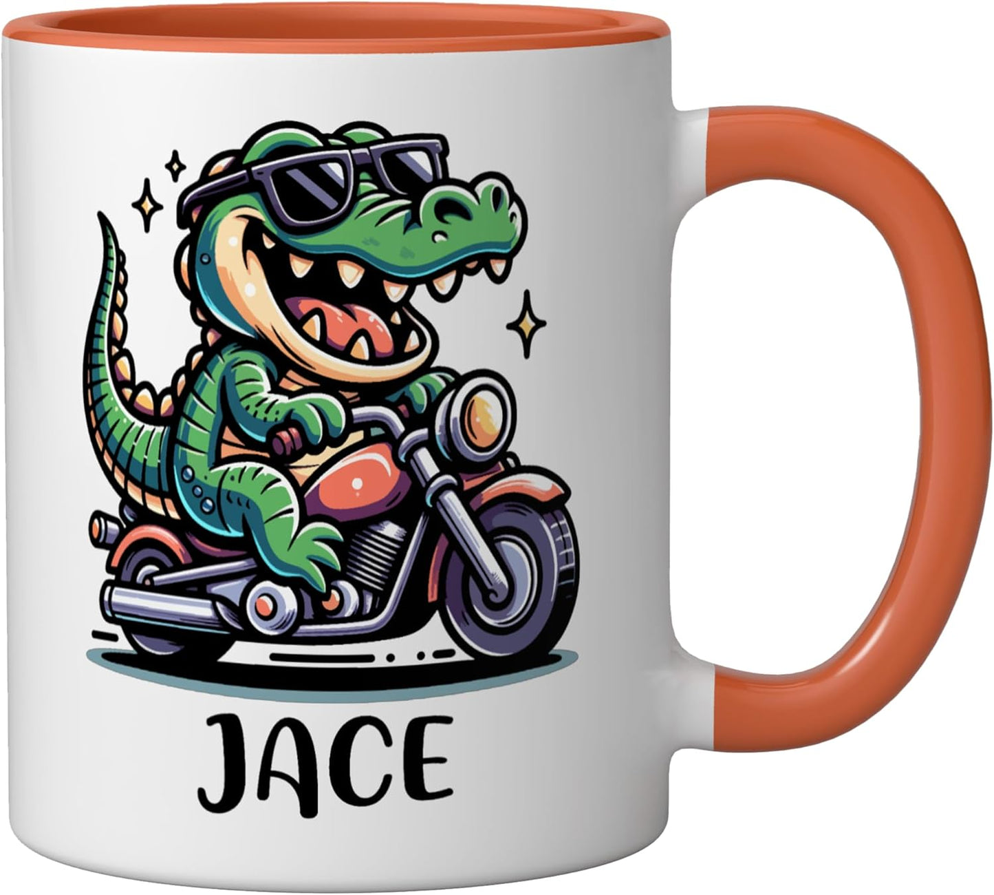 Taza cerámica para niño Jace con diseño de cocodrilo motocicleta color naranja/blanco
