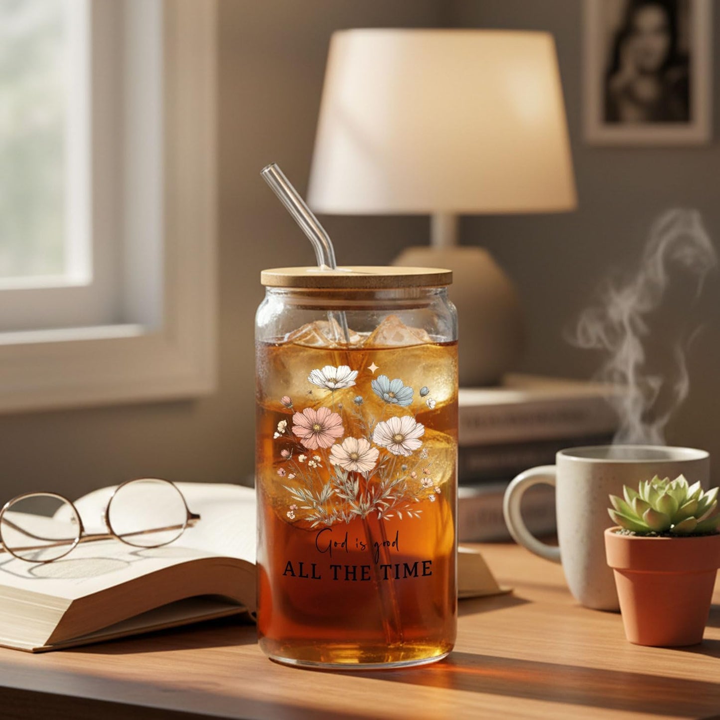 Taza de cristal cristiana floral 14 oz con tapas y pajitas