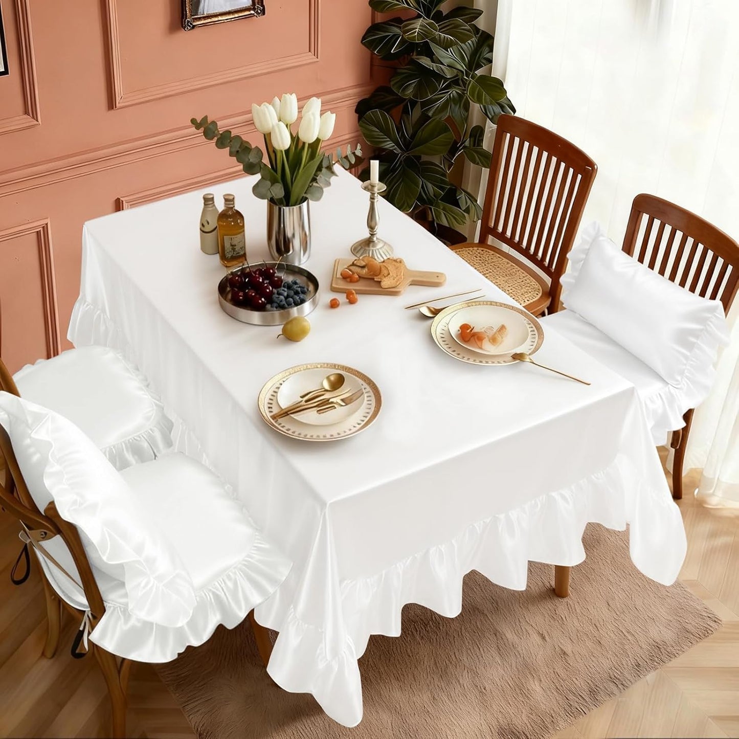 4 Pzas Mantel Satén Blanco 60x102pulg Rectangular Festoneado